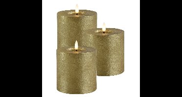 LED kaars/stompkaars - 3x - goud - D10 x H10 cm - timer - warm wit