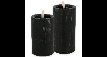 LED kaarsen/stompkaarsen - set 2x - zwart marmer look - H12,5 en H15 cm - timer - warm wit