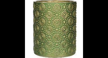 Luxe theelichthouder/kaarsenhouder - olijfgroen/goud - glas - D10 x H12 cm