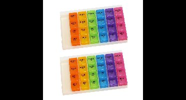 Medicijnen doosje/pillendoosje - 2x - 28-vaks - gekleurd - geschikt voor 7 dagen