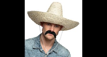 Mexicaan Carnaval verkleed set - Grote sombrero hoed - Dia 49 cm - naturel - met plaksnor - heren