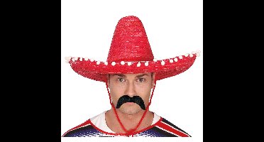 Mexicaan Carnaval verkleed set - Grote sombrero hoed - Dia 50 cm - rood - met plaksnor - heren