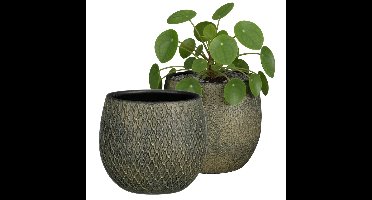 Mica decorations Bloempot / plantenpot Madeira - 2x - groen - terracotta - 14 cm - schubbenpatroon