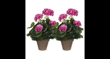 Mica Decorations Kunstplant - 2x - geranium - paars - in pot - 34 cm