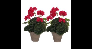 Mica Decorations Kunstplant - 2x - geranium - rood - in pot - 34 cm