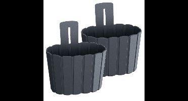 Muur plantenpot/bloempot houtlook - Set van 2x stuks - kunststof - 20 x 15 cm - antraciet