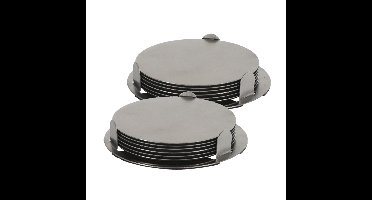 Onderzetters - 12x st - zilver - D8,5 cm - RVS - met houder - glazen onderzetters