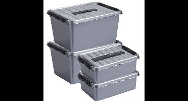 Opberg boxen set 4x stuks 12 en 22 liter kunststof grijs met deksel