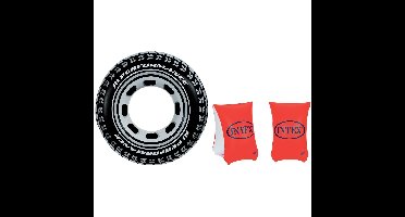 Opblaasbare autoband zwemband/zwemring 91 cm met oranje zwemvleugels van intex