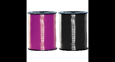 Pakket van 2 rollen lint zwart en fuchsia roze 500 meter x 5 milimeter breed