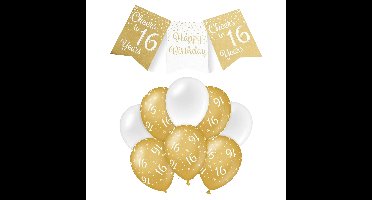 Paperdreams Luxe 16 jaar feestversiering set - Ballonnen & vlaggenlijnen - wit/goud