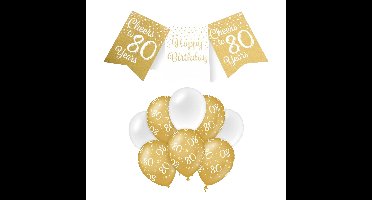 Paperdreams Luxe 80 jaar feestversiering set - Ballonnen & vlaggenlijnen - wit/goud