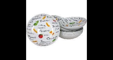 Pastaborden set van 6x stuks - diep - wit met print - D20 x H4 cm - rond - diepe borden - servies