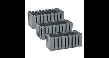 Plantenbak/bloembak Fence look - 3x stuks - kunststof - steengrijs - 38 x 18 x 16 cm