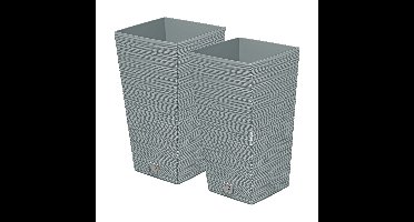 Plantenpot/bloempot Furu Stripes - 2x - voor buiten - kunststof - lichtgrijs - vierkant - D29 x H55