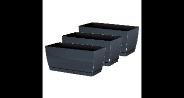 Plantenpot/bloempot met opvangschaal - 3x - kunststof - antraciet - 29 x 14 x 14 cm - binnen/buiten
