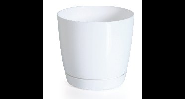 Plantenpot/bloempot met opvangschaal - kunststof - parel wit - D18 x H17 cm - binnen/buiten