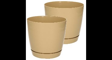 Plantenpot/bloempot met opvangschaal - Set van 2x stuks - kunststof - beige - D16 x H14 cm - binnen/