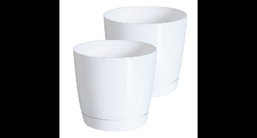 Plantenpot/bloempot met opvangschaal - Set van 2x stuks - kunststof - parel wit - D24 x H22 cm - bin