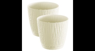 Plantenpot/bloempot Waves - 2x stuks - kunststof - creme wit - D15 x H14 cm - binnen/buiten