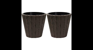 Plantenpot/bloempot Wood Style - 2x - buiten/binnen - kunststof - donkerbruin - D49 x H45 cm