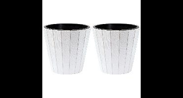 Plantenpot/bloempot Wood Style - 2x - buiten/binnen - kunststof - wit - D30 x H28 cm
