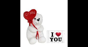 Pluche knuffelbeer met I Love hartje - wit/rood - 20 cm - incl. wenskaart