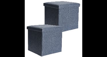 Poef/hocker/krukje - 2x - opbergbox - blauw - polyester - 38 x 38 cm - opvouwbaar