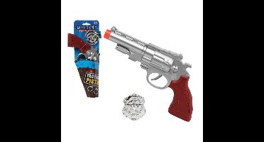 Politie speelgoed pistool - 27 cm - speelgoed verkleed pistool - zilver - met badge - kunststof