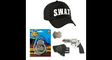 Politie/SWAT team verkleed cap/pet blauw met pistool/holster/badge voor kinderen
