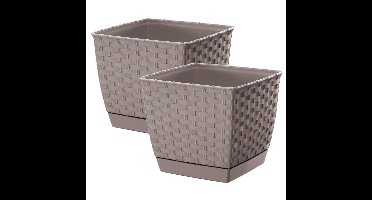 Prosperplast Plantenpot/bloempot - 2x - rotan kunststof - 14.5 x 14.5 cm - taupe