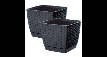 Prosperplast Plantenpot/bloempot - 2x - rotan kunststof - 25 x 22 cm - antraciet