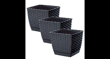 Prosperplast Plantenpot/bloempot - 3x - rotan kunststof - 14.5 x 14.5 cm - antraciet