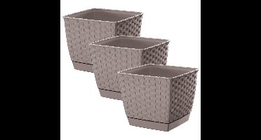 Prosperplast Plantenpot/bloempot - 3x - rotan kunststof - 14.5 x 14.5 cm - taupe