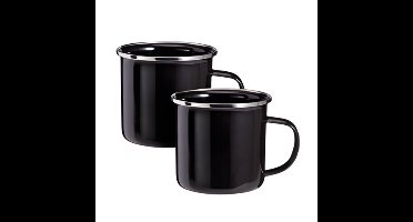Redcliffs Drinkmokken - 2x stuks - zwart - 350 ml - emaille - kamperen/outdoor - mokken/bekers