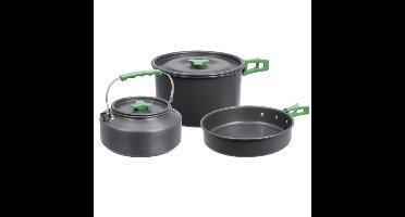 Redcliffs Outdoor Camping pannenset - 3x - aluminium/RVS - zwart/groen - kamperen