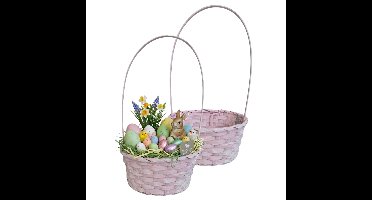 Rieten mandje met hengsel - 2x - lichtroze - D20 x H38 cm - paasmandje