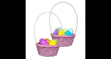 Rieten mandje met hengsel - 2x - roze - D20 x H38 cm - paasmandje