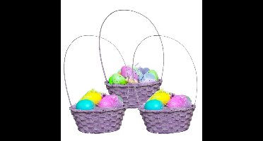 Rieten mandje met hengsel - 3x - paars - D20 x H38 cm - paasmandje