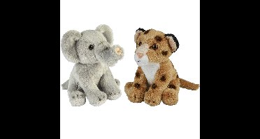 Safari dieren serie pluche knuffels 2x stuks - Olifant en Luipaard van 15 cm