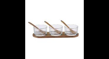 Serveer/borrel plank set schaaltjes/kommetjes - 7 delig - glas/hout - met lepeltjes - borrelen