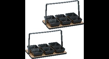 Serveerplank met 6 schaaltjes - 2x - bamboe - aardewerk - L24 cm