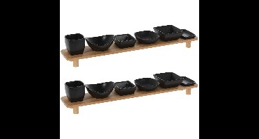 Serveerplank met 6 schaaltjes - 2x - hout - 50 x 8 cm - hapjes/saus/tapas