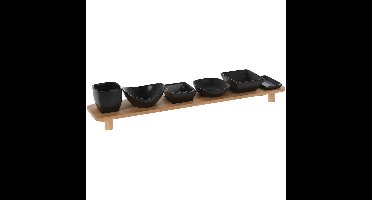 Serveerplank met 6 schaaltjes - hout - 50 x 8 cm - hapjes/saus/tapas