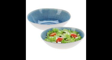 Serveerschaal/saladeschaal - 2x - D30 x H9 cm - kunststof - blauw - rond