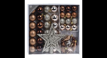 Set 44-delig kunststof kerstboomversiering bruin tinten met kerstballen, slingers en piek