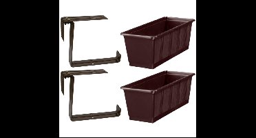 Set van 2 kunststof plantenbakken bruin rechthoekig 60 cm met 4 verstelbare railing beugels