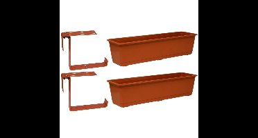 Set van 2 kunststof plantenbakken terracotta rechthoekig 60 cm met 4 verstelbare railing beugels