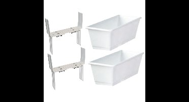 Set van 2 kunststof plantenbakken wit rechthoekig 60 cm met 4 verstelbare balkon/muurbeugels