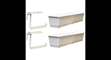 Set van 2 kunststof plantenbakken wit rechthoekig 80 cm met 4 verstelbare railing beugels